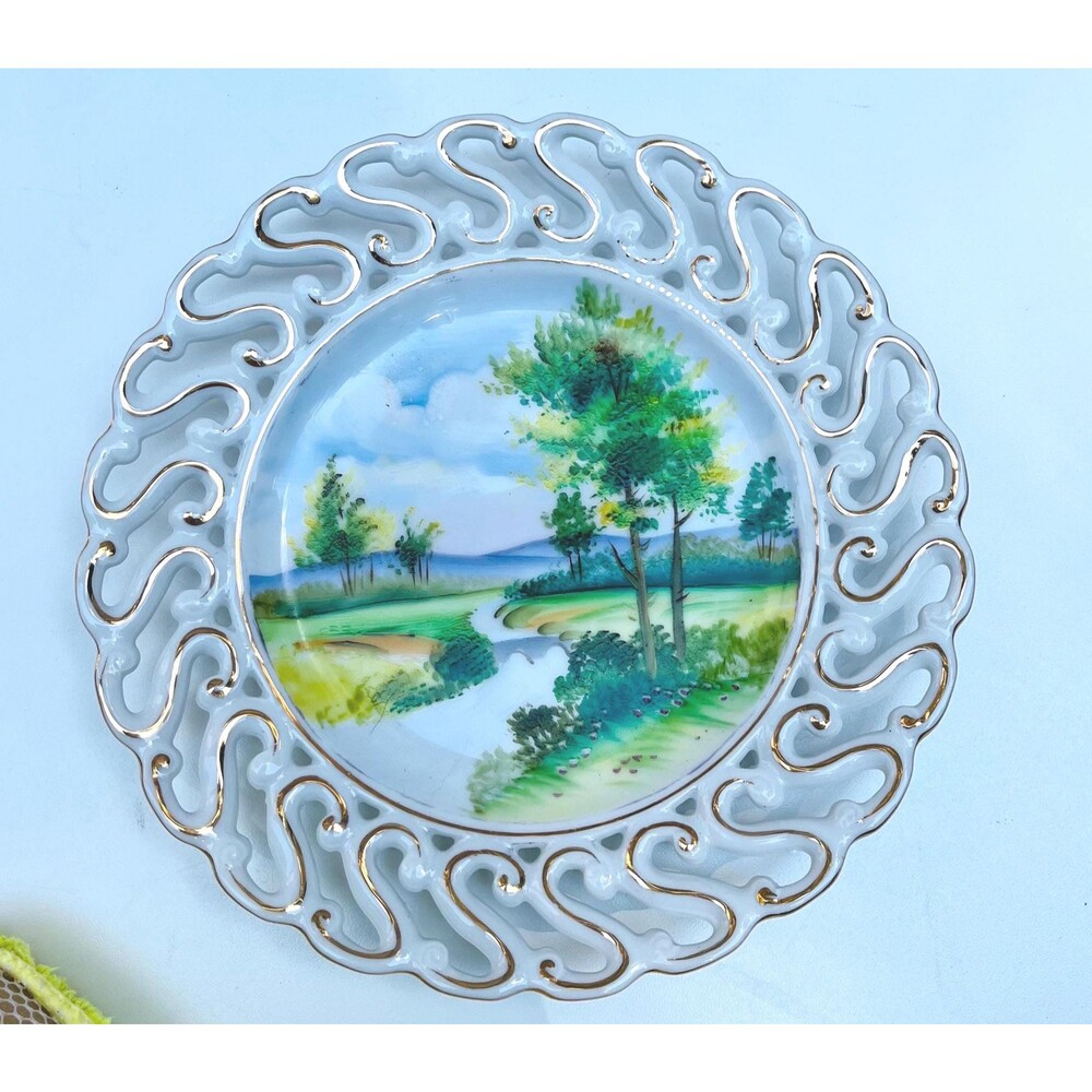 Vintage Occupied Japan Hand-Painted Landscape Decorative Lace Plate Gold Trim 8"